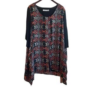 Avenue Women Top 2X‎ Black 3/4 Sleeve Flyaway Layer Butterfly Print Lagenlook